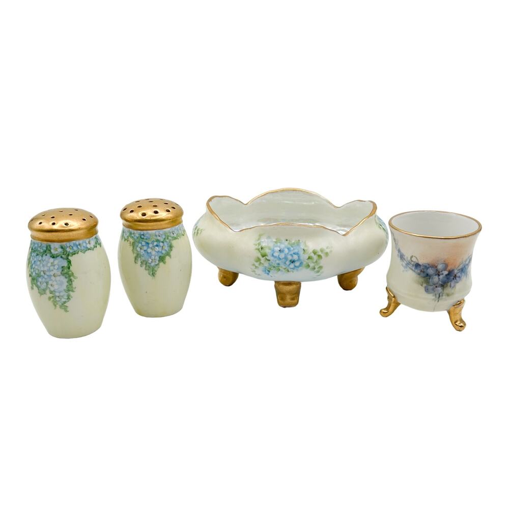 Antique Bavarian Porcelain Hand Painted Bowl Toothpick Holder S&P Shakers c1898